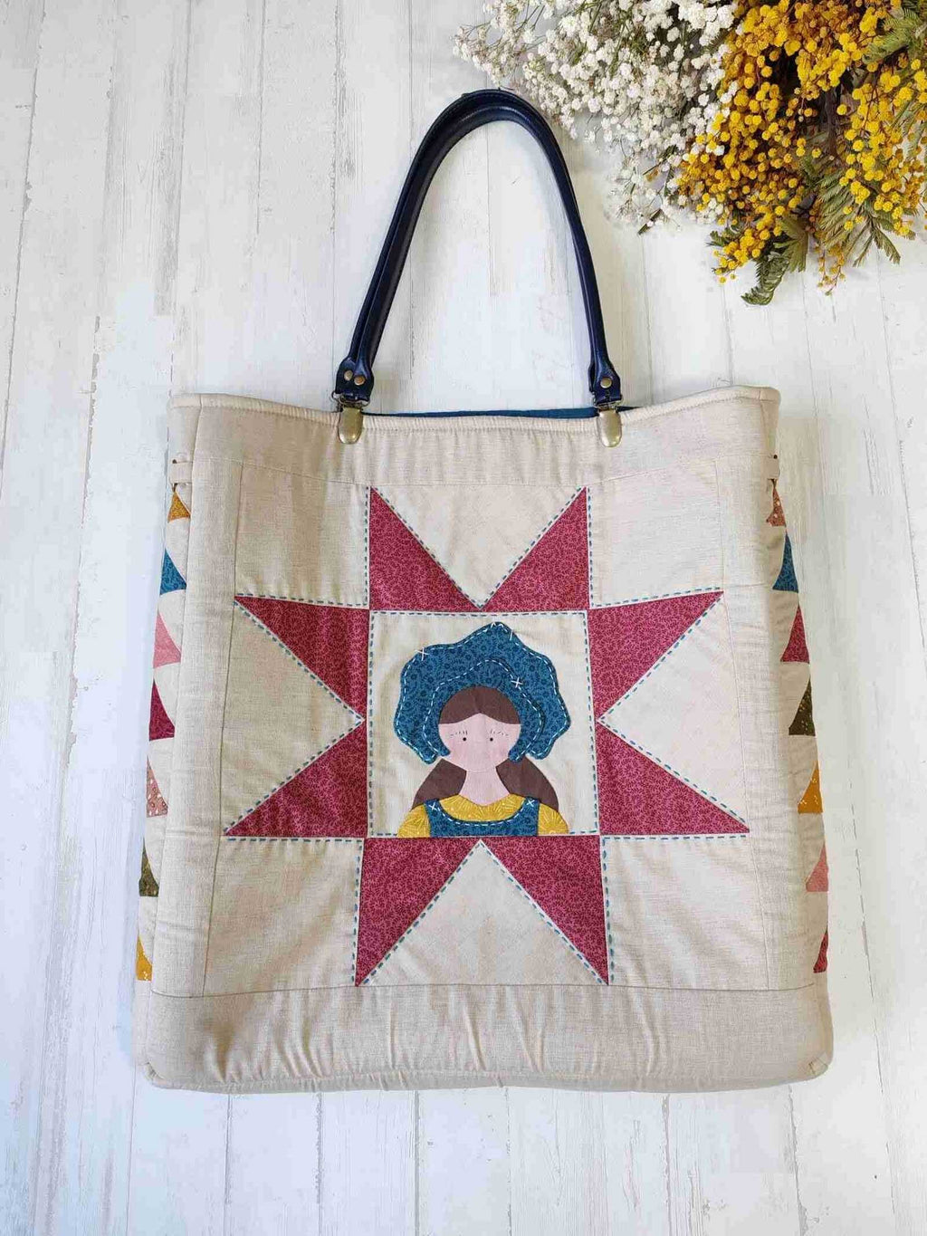 kit de patchwork para confeccionar tote con aplicaciones de amish, estrellas y vuelo de la oca con telas pre-impresas